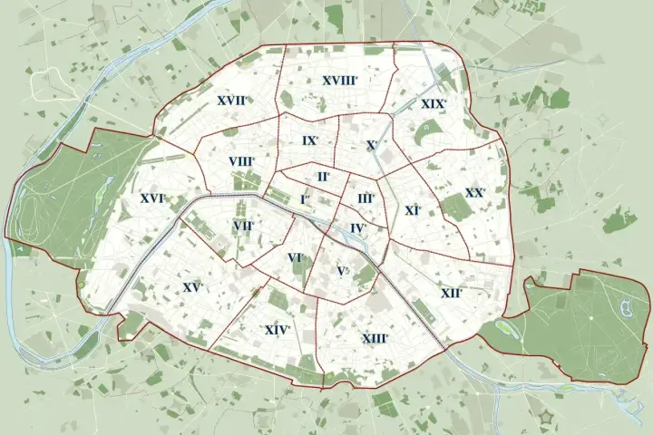 Mapa Paryża z zaznaczonymi dzielnicami (arrondissements). Plan pomoże Ci zdecydować, gdzie spać w Paryżu, wybierając najlepszą lokalizację.