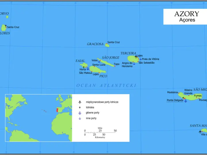 Mapa Azorów na Oceanie Atlantyckim z zaznaczonymi wyspami, miastami i portami.