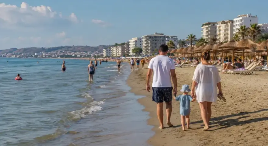 Rodzina spaceruje po piaszczystej plaży w Durrës. W tle widać morze, budynki i parasole plażowe.