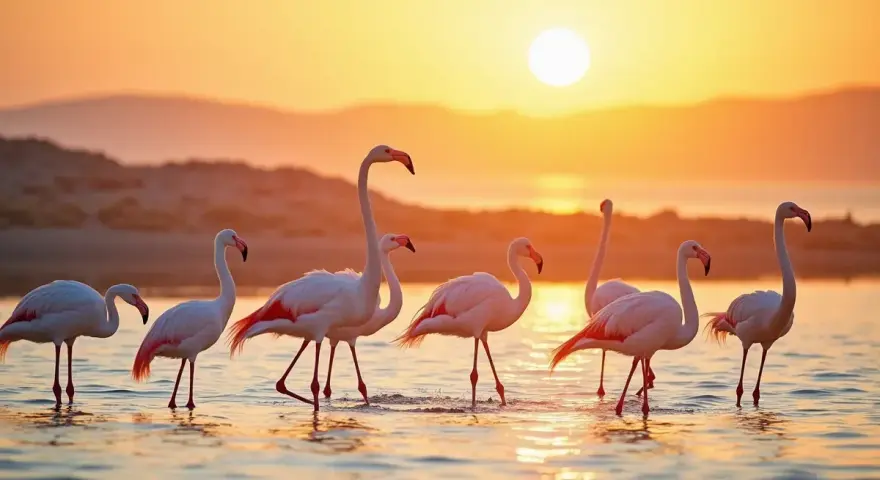 Różowe flamingi na Djerbie spacerują w płytkiej wodzie o zachodzie słońca.