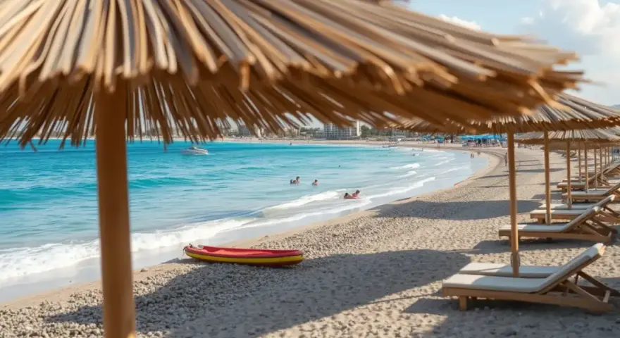 Słoneczny dzień na plaży Nissi Beach. Leżaki pod parasolami, turkusowa woda, kajak i ludzie kąpiący się w morzu.
