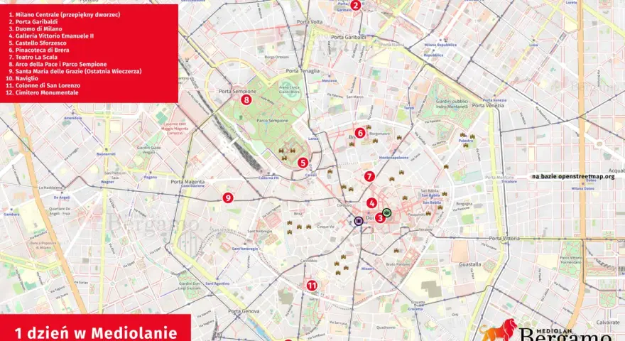 Mapa Mediolanu z zaznaczonymi atrakcjami, idealna na weekend. Zobacz, gdzie warto się wybrać!