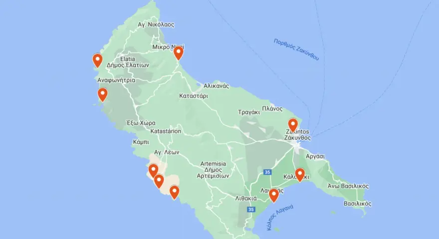 Mapa Zakynthos z zaznaczonymi miejscami, otoczona błękitnym morzem.