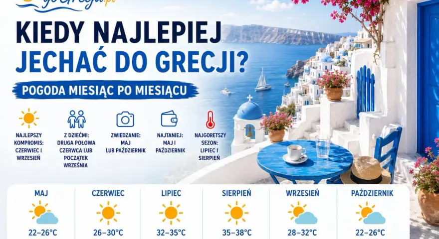 Grecja: pogoda miesiąc po miesiącu. Idealny czas na zwiedzanie i wypoczynek, od maja do października, z temperaturami od 18 do 38°C.