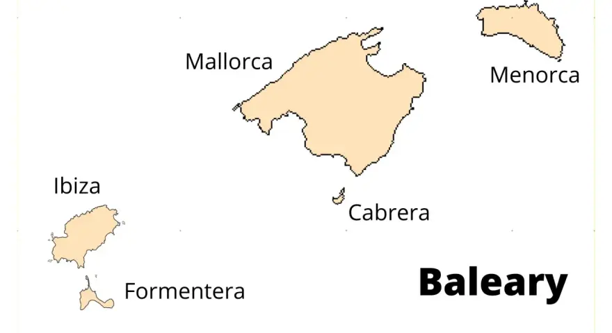 Mapa Balearów: Mallorca, Menorca, Cabrera, Ibiza i Formentera. Gdzie jest Ibiza? Na zachód od Majorki.