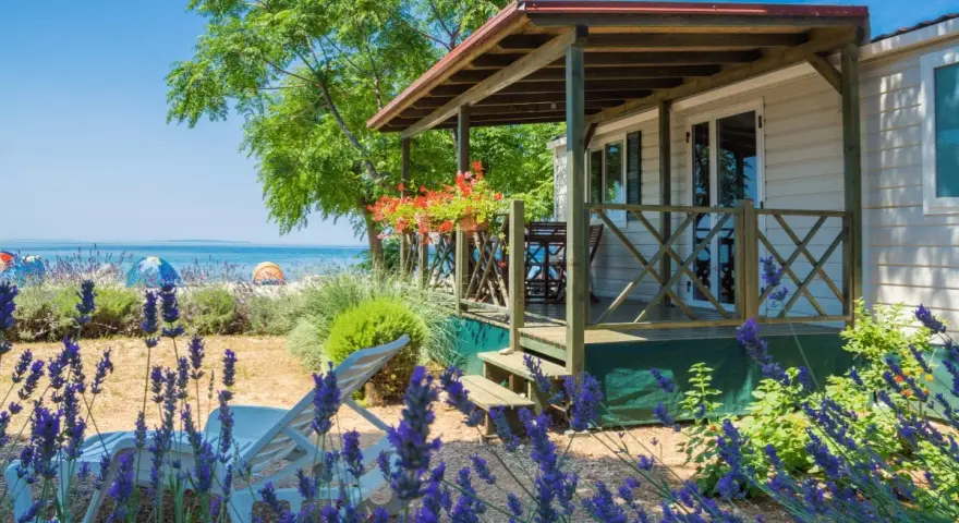 Idealne miejsce, gdzie na wakacje z dziećmi: domek letniskowy blisko plaży, z leżakami i kwitnącą lawendą.