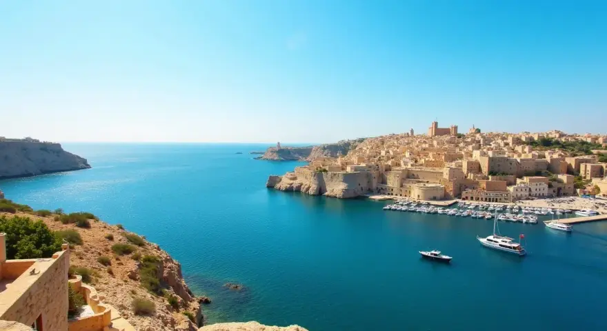 Malta w październiku: błękitne morze, skaliste wybrzeże i zabytkowe miasto z portem pełnym łodzi. Idealna pogoda na zwiedzanie.