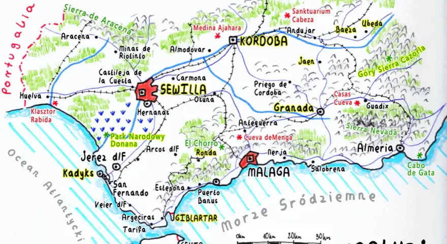 Mapa turystyczna południa Hiszpanii: Sewilla, Kordoba, Granada, Malaga, Almeria. Widoczne wybrzeże, góry i miasta.