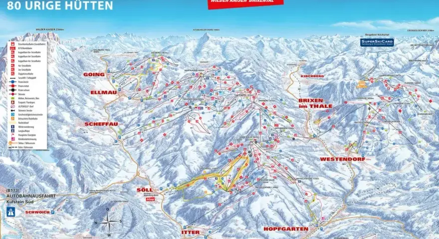 Narty Austria blisko Polski: mapa SkiWelt Wilder Kaiser Brixental z trasami, wyciągami i chatkami. Idealne miejsce na zimowy wypoczynek.