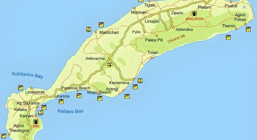 Mapa wyspy Kos z zaznaczonymi plażami (Paradise Beach, Magic Beach), miasteczkami (Kardamena, Tigaki) i górami. Idealna ściągawka, co zobaczyć na Kos!