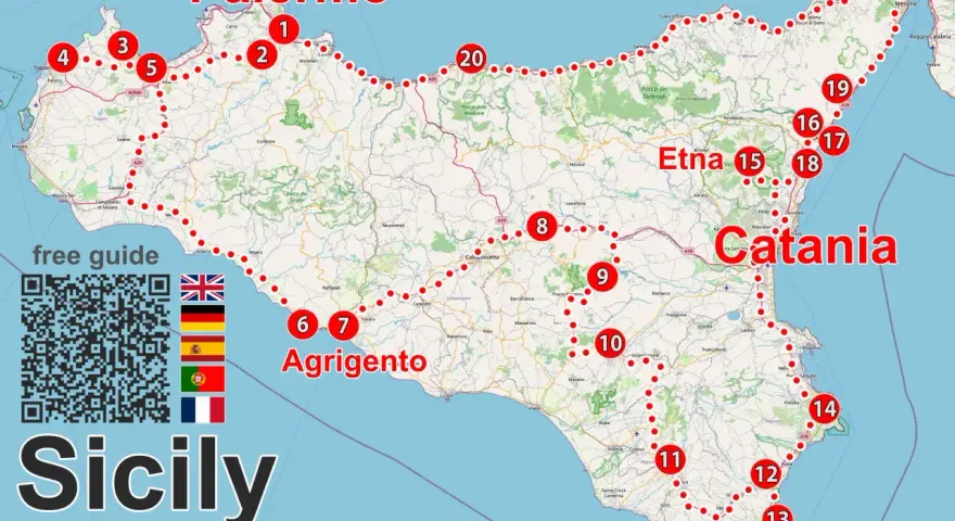 Mapa Sycylii z zaznaczoną trasą podróży po Europie. Punkty od 1 do 20 pokazują ciekawe miejsca.