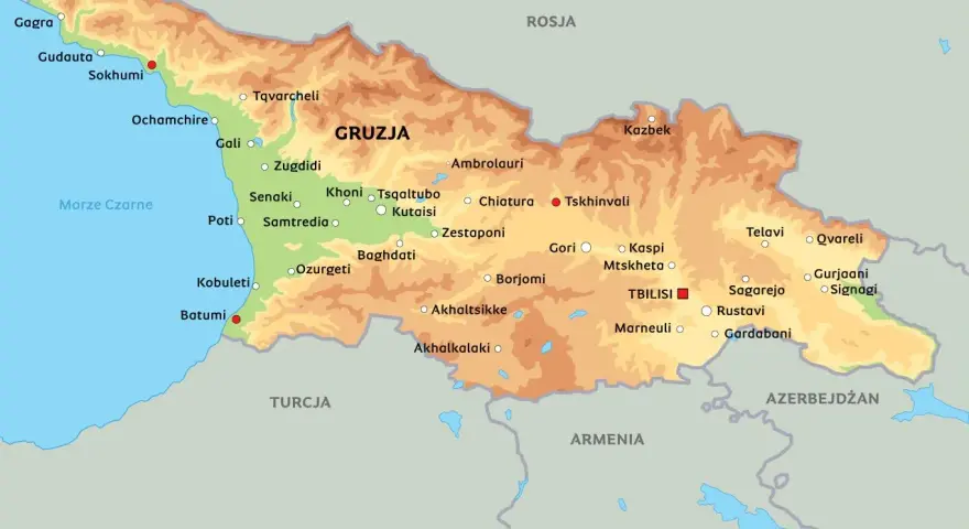 Mapa fizyczna Gruzji z zaznaczonymi miastami i granicami. Pokazuje, gdzie leży Gruzja, między Morzem Czarnym, Rosją, Turcją, Armenią i Azerbejdżanem.