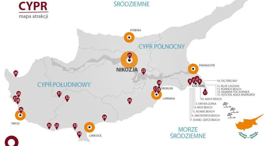 Mapa atrakcji Cypru, idealna na cypr wakacje. Zaznaczone główne miasta i plaże, m.in. Pafos, Limassol, Ajia Napa.