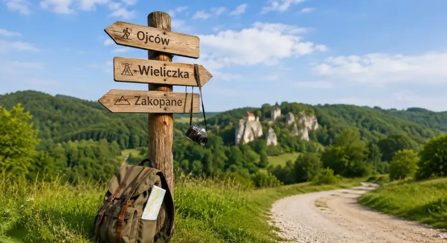 Drewniany drogowskaz z napisami Ojców, Wieliczka, Zakopane. Plecak i aparat sugerują wycieczki z Krakowa.
