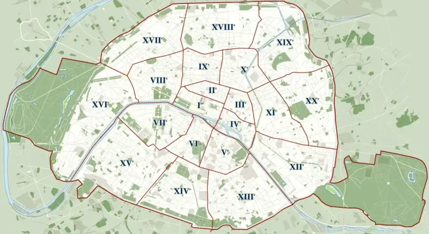 Mapa Paryża z zaznaczonymi dzielnicami (arrondissements). Plan pomoże Ci zdecydować, gdzie spać w Paryżu, wybierając najlepszą lokalizację.