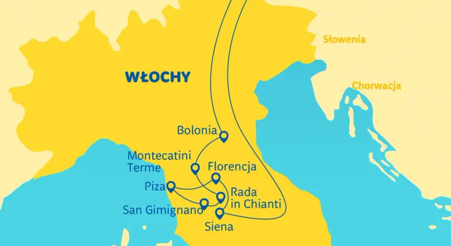 Mapa Włoch z zaznaczoną trasą przez Toskanię: Bolonia, Florencja, Siena, San Gimignano, Piza, Montecatini Terme. Gdzie leży Toskania? Między Szwajcarią a Chorwacją.