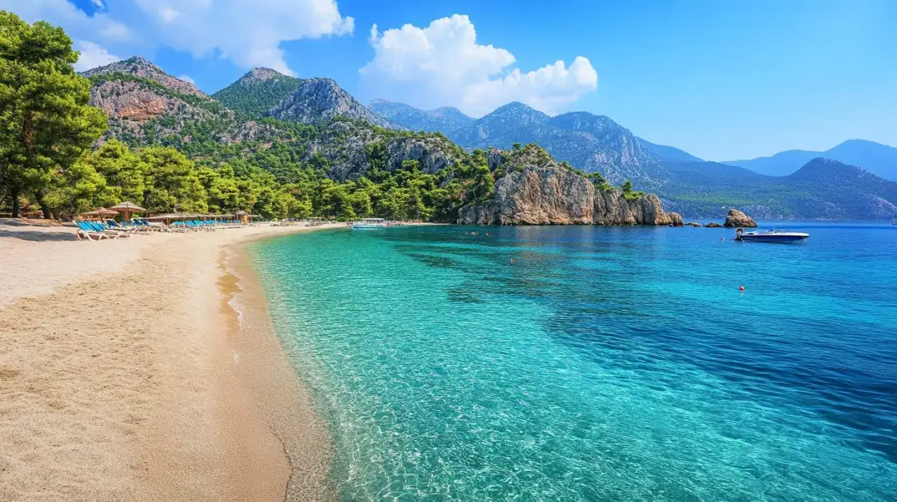 Piękna plaża w Turcji, Kusadasi. Turkusowa woda, piaszczysty brzeg i góry w tle. Idealne miejsce na wakacje.