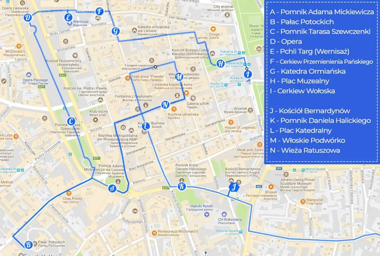 Mapa atrakcji Lwowa: od pomnika Mickiewicza (A) po Wieżę Ratuszową (N). Spacer po mieście.