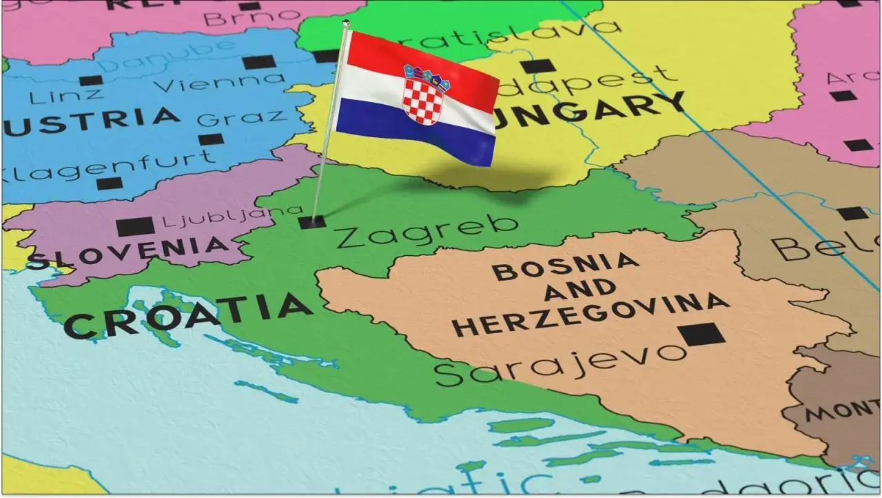 Mapa Europy Środkowej z zaznaczoną Chorwacją i jej flagą. Widać sąsiednie kraje: Słowenię, Węgry, Bośnię i Hercegowinę.