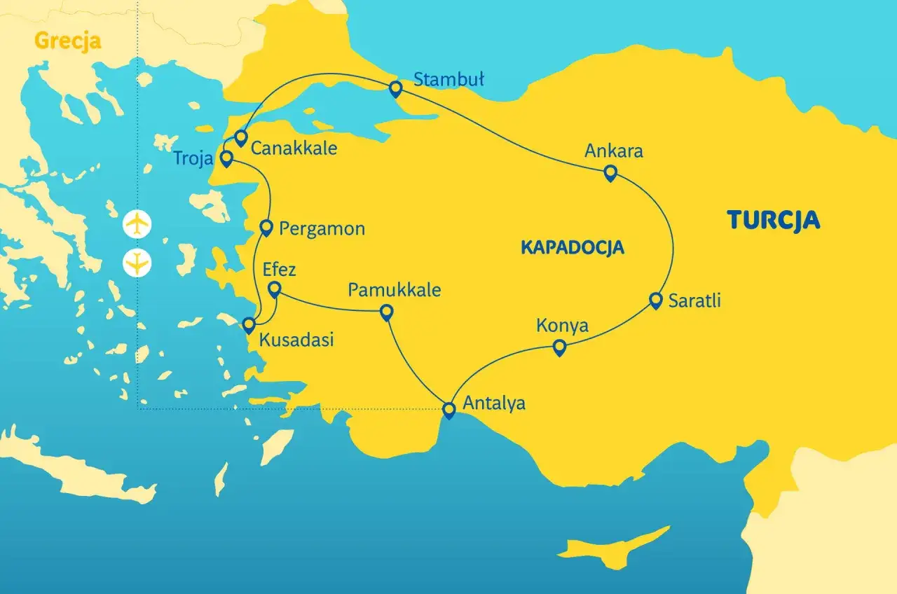 Mapa Turcji z zaznaczoną trasą wycieczki. Kapadocja leży w centralnej części kraju, między Ankarą a Koniją.