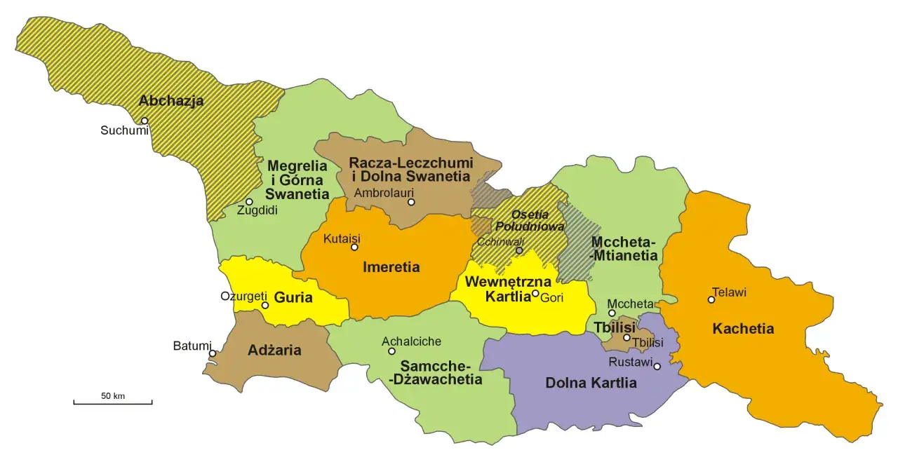 Mapa Gruzji z zaznaczonymi regionami, w tym Imeretią z Kutaisi i Kachetią z Tbilisi.