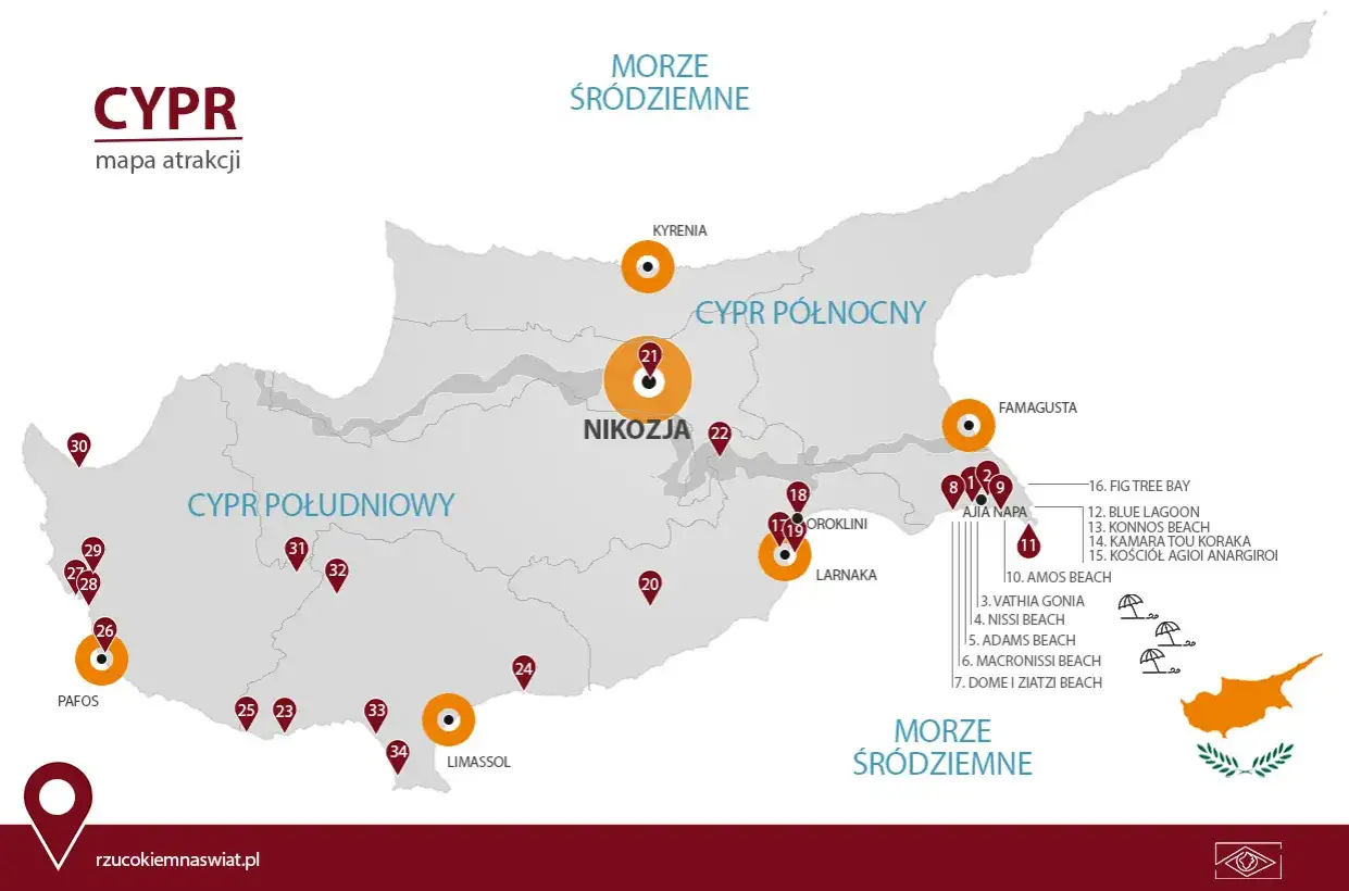 Mapa atrakcji Cypru, idealna na cypr wakacje. Zaznaczone główne miasta i plaże, m.in. Pafos, Limassol, Ajia Napa.