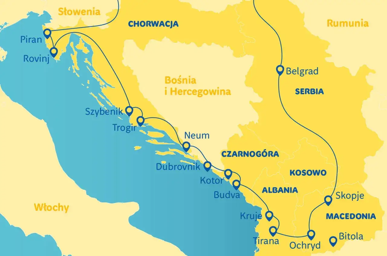 Mapa pokazuje trasę podr&oacute;ży przez Bałkany. Gdzie leży Albania? Między Czarnog&oacute;rą a Macedonią, z dostępem do Morza Adriatyckiego.