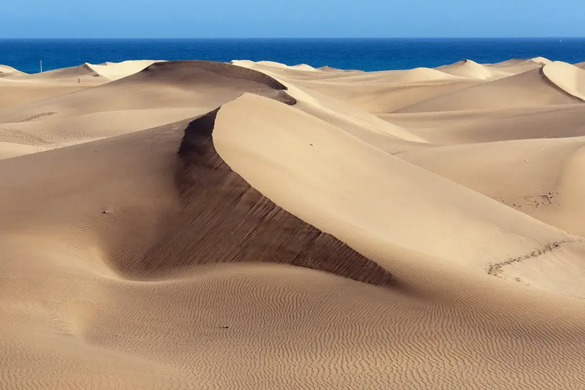 Piękne wydmy Maspalomas w Gran Canarii, gdzie złoty piasek spotyka błękit oceanu.
