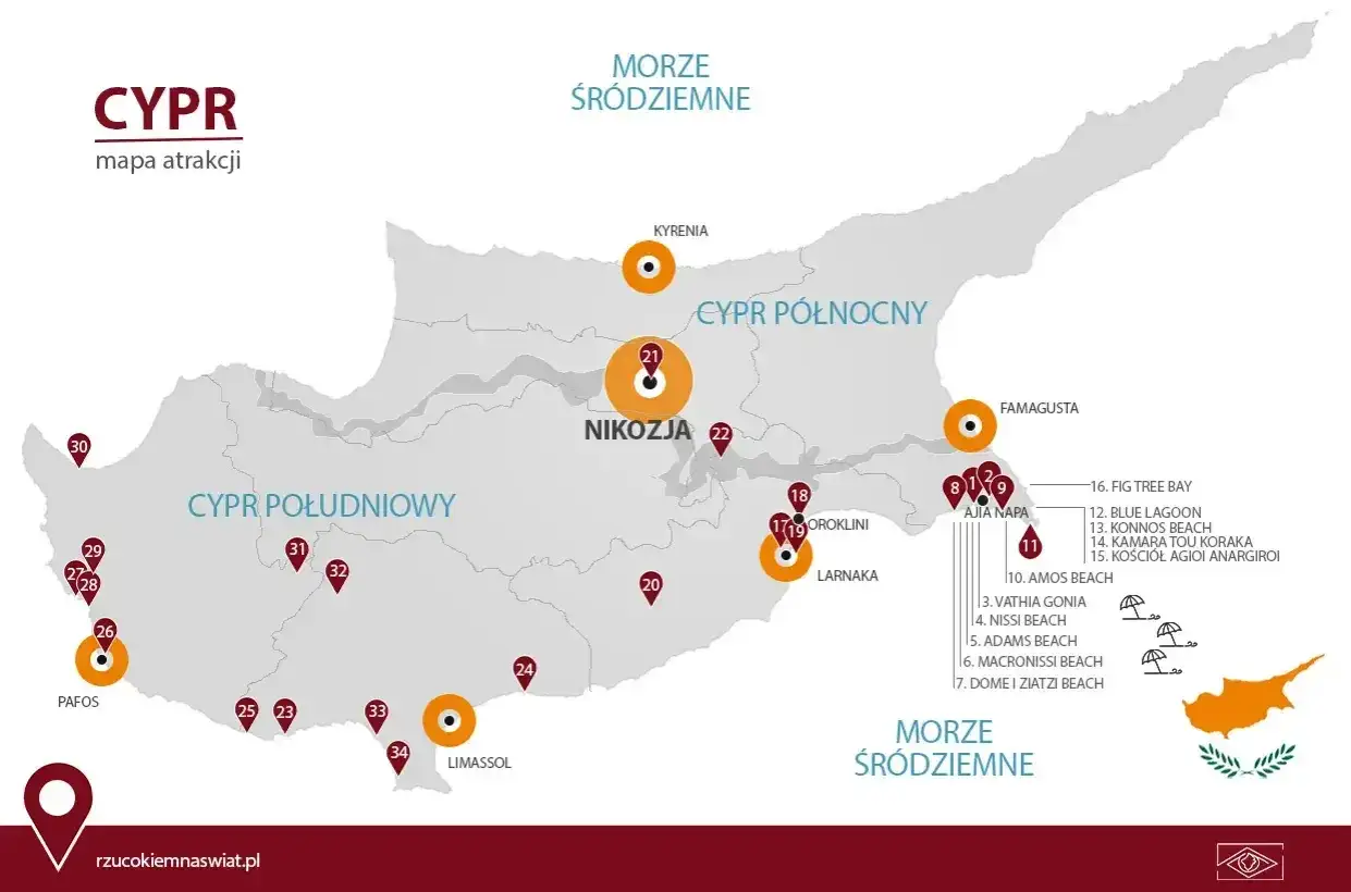 Mapa atrakcji na Cyprze Południowym i P&oacute;łnocnym. Zaznaczone miasta: Nikozja, Pafos, Limassol, Ajia Napa, Larnaka, Famagusta, Kyrenia.