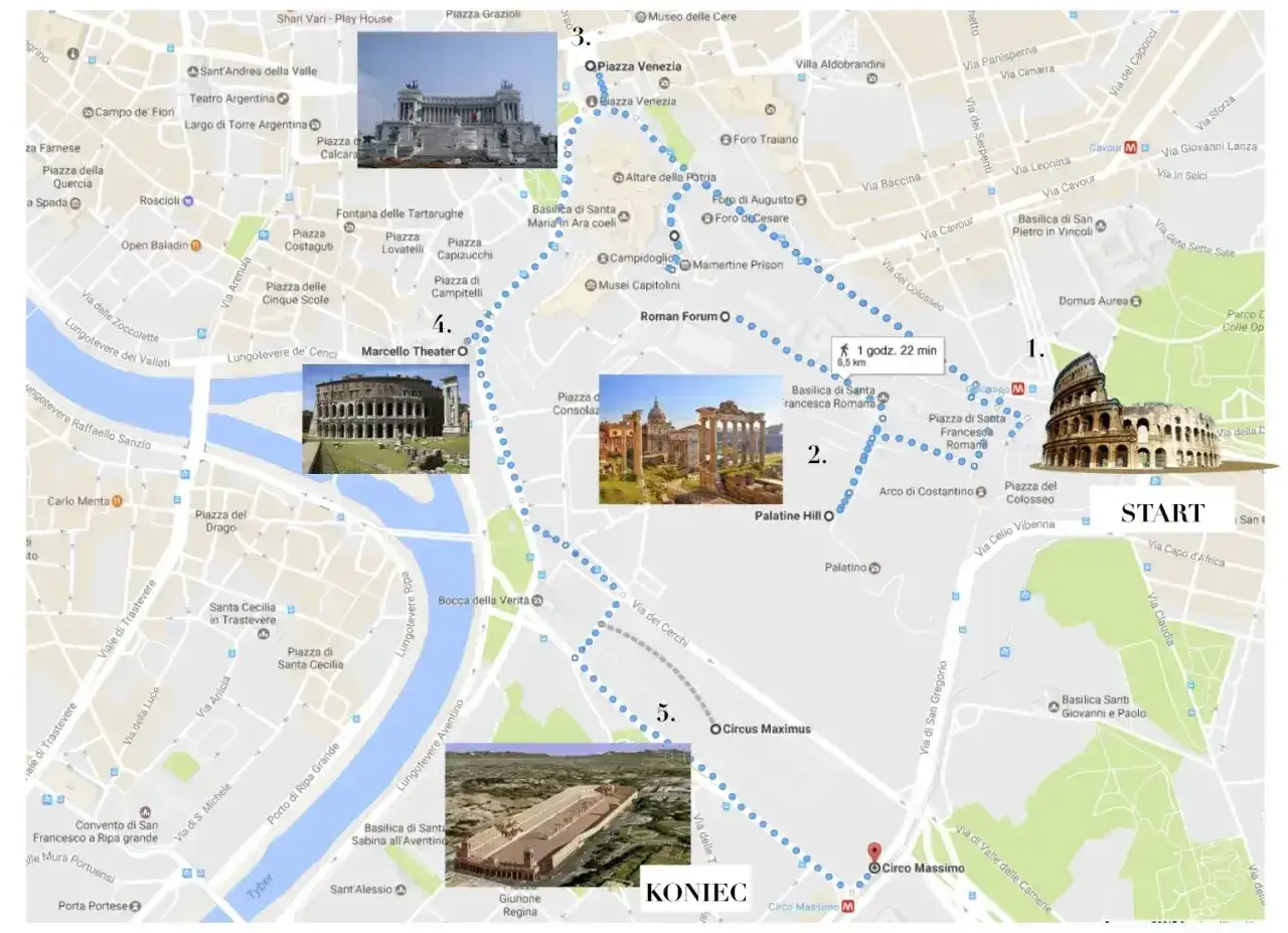 Trasa spacerowa po Rzymie: Koloseum, Forum Romanum, Palatyn, Cyrk Maximus, Teatr Marcellusa. Ile dni na Rzym? Ta mapa pomoże zaplanować wycieczkę.