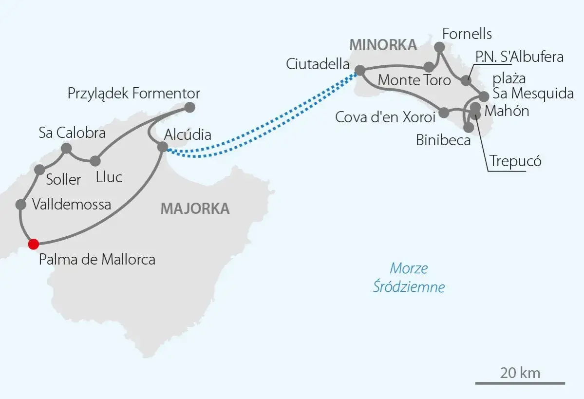Mapa pokazuje, gdzie leży Majorka i Minorka, z zaznaczonymi trasami między miastami jak Palma de Mallorca, Alc&uacute;dia, Ciutadella i Mah&oacute;n.