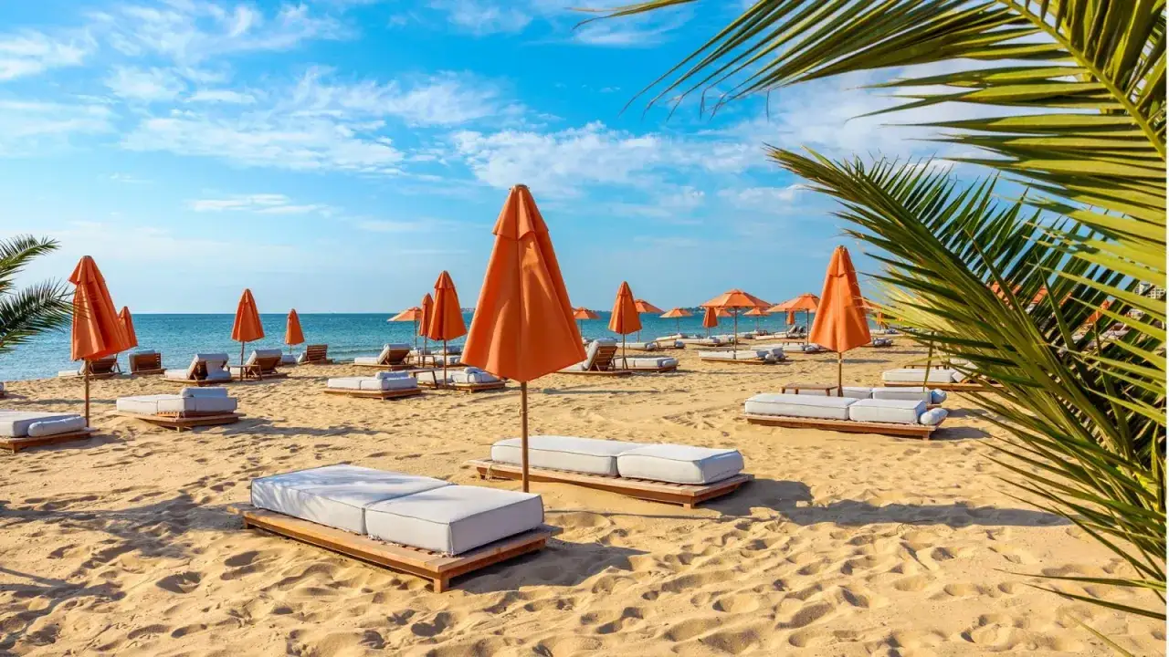 Słoneczna plaża w Bułgarii, Złote Piaski. Leżaki i pomarańczowe parasole czekają na turyst&oacute;w, oferując relaks wśr&oacute;d pięknych widok&oacute;w.