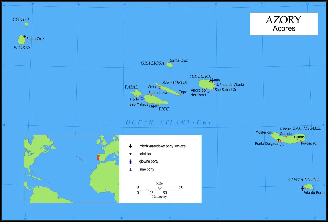 Mapa Azor&oacute;w, archipelagu wyspy portugalskie na Atlantyku, z zaznaczonymi miastami i portami.