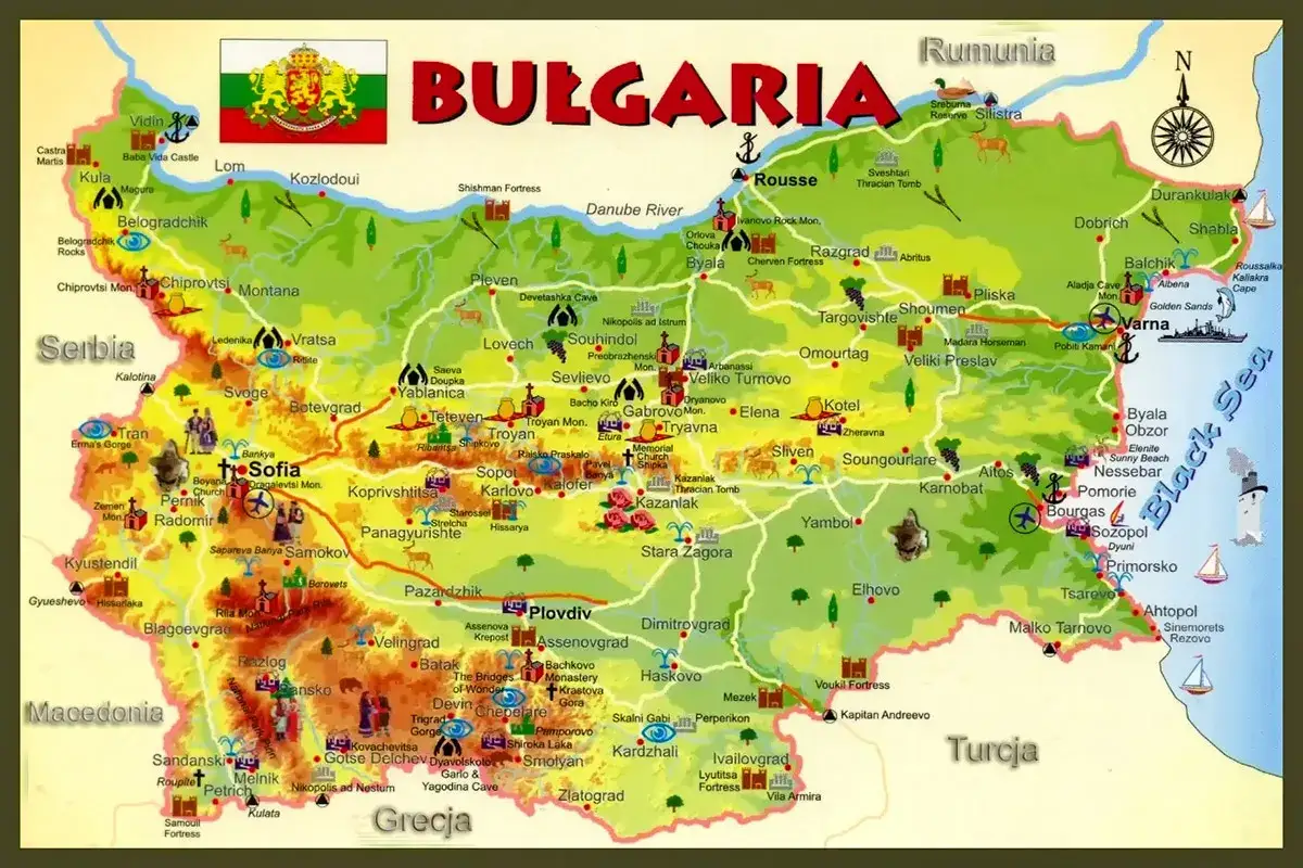 Mapa turystyczna Bułgarii z zaznaczonymi miastami, zabytkami i atrakcjami. Odwiedź Sofia, Płowdiw, Warnę i inne miasta w Bułgarii.