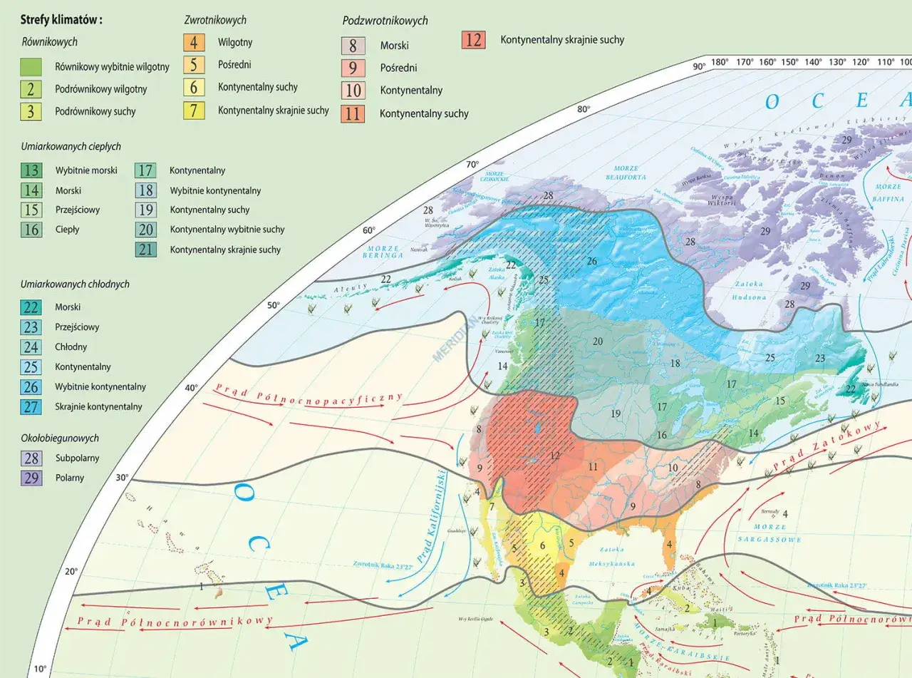 Mapa klimatyczna Ameryki Północnej. Francja nie jest widoczna, ale można zobaczyć różne strefy klimatyczne, od tropikalnych po polarne.
