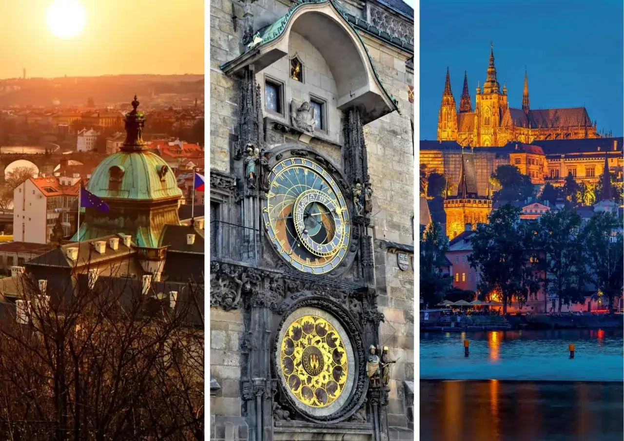 Praga trasa: zachód słońca nad dachem, zegar astronomiczny i oświetlony zamek nad Wełtawą.