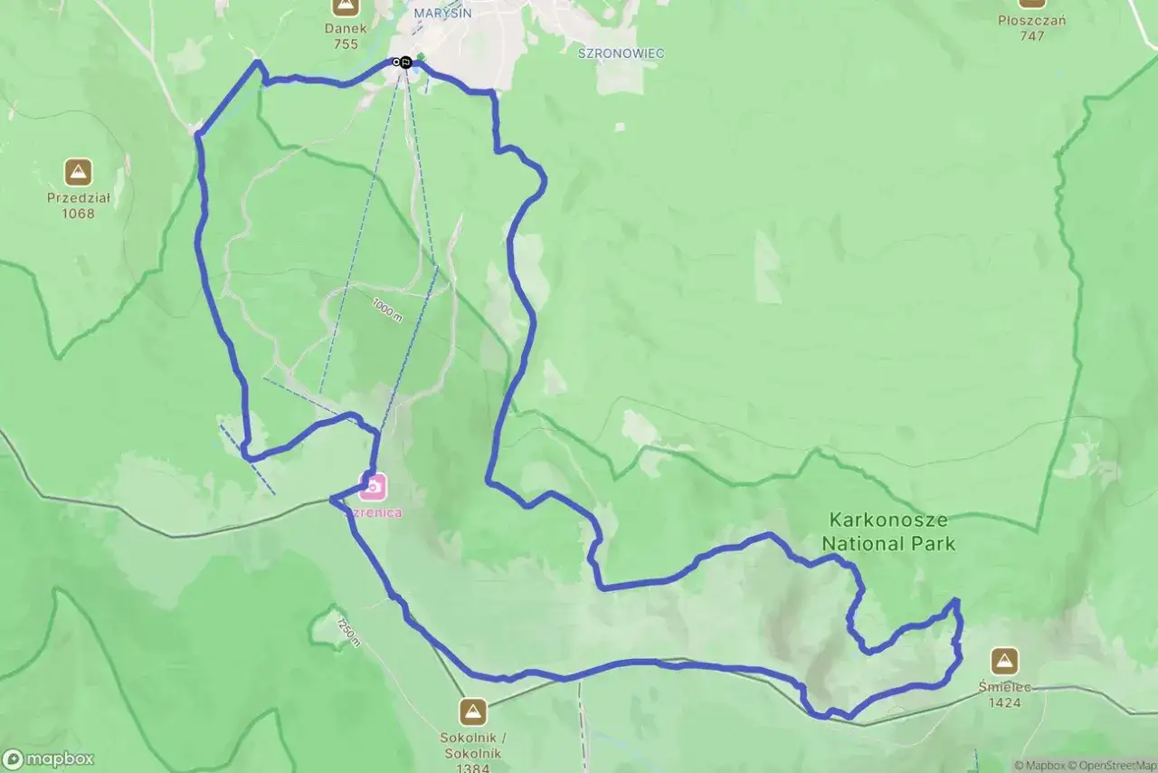 Mapa z zaznaczoną trasą turystyczną w Karkonoszach, prowadzącą od Marysina przez Szrenicę i Śmielec.