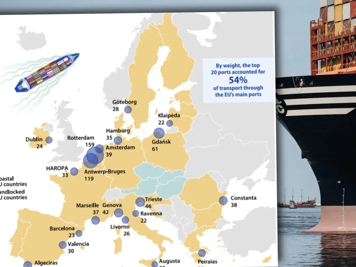 Mapa Europy z zaznaczonymi portami i danymi o transporcie. Gdańsk z 61 jednostkami to ważny punkt na mapie, oferujący wycieczki objazdowe z Gdańska.