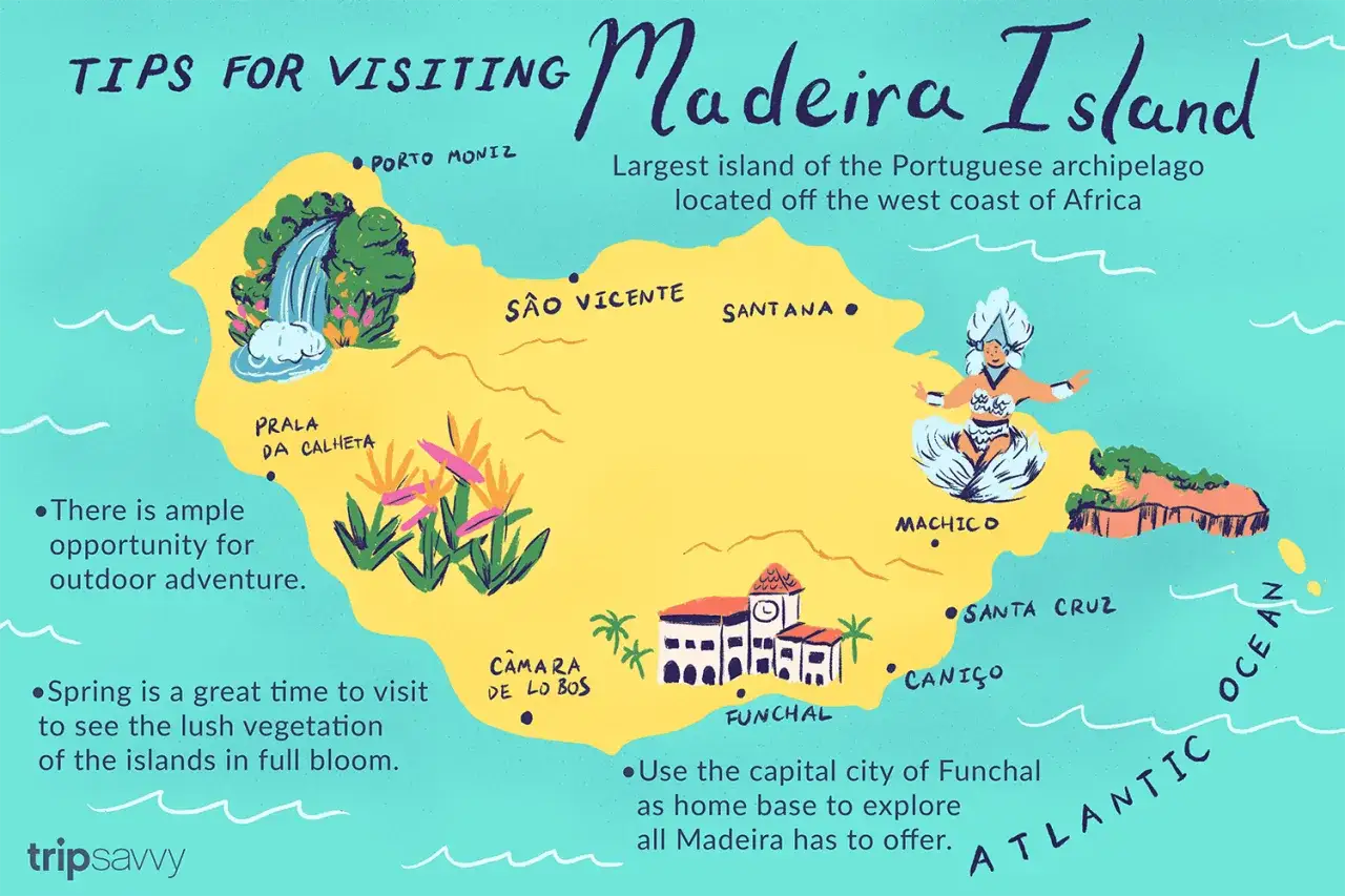 Mapa Madery, portugalskiej wyspy na Atlantyku, gdzie leży Madera. Pokazuje atrakcje, miasta i wskaz&oacute;wki dla turyst&oacute;w.
