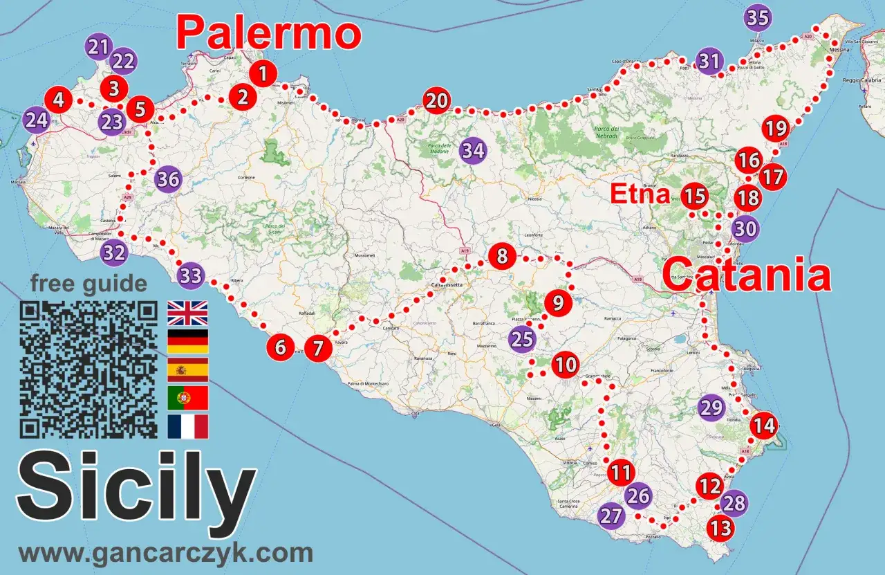 Sycylia gdzie najlepiej? Mapa z zaznaczonymi atrakcjami, od Palermo po Katanie, z Etna w centrum. Idealna na podr&oacute;ż!