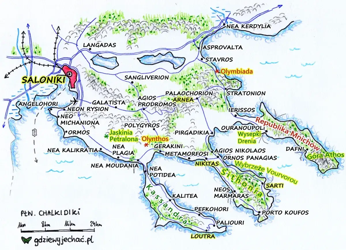 Mapa p&oacute;łwyspu Chalcydyckiego w Grecji kontynentalnej. Widoczne Saloniki, Olynthos, Sithonia i G&oacute;ra Athos.